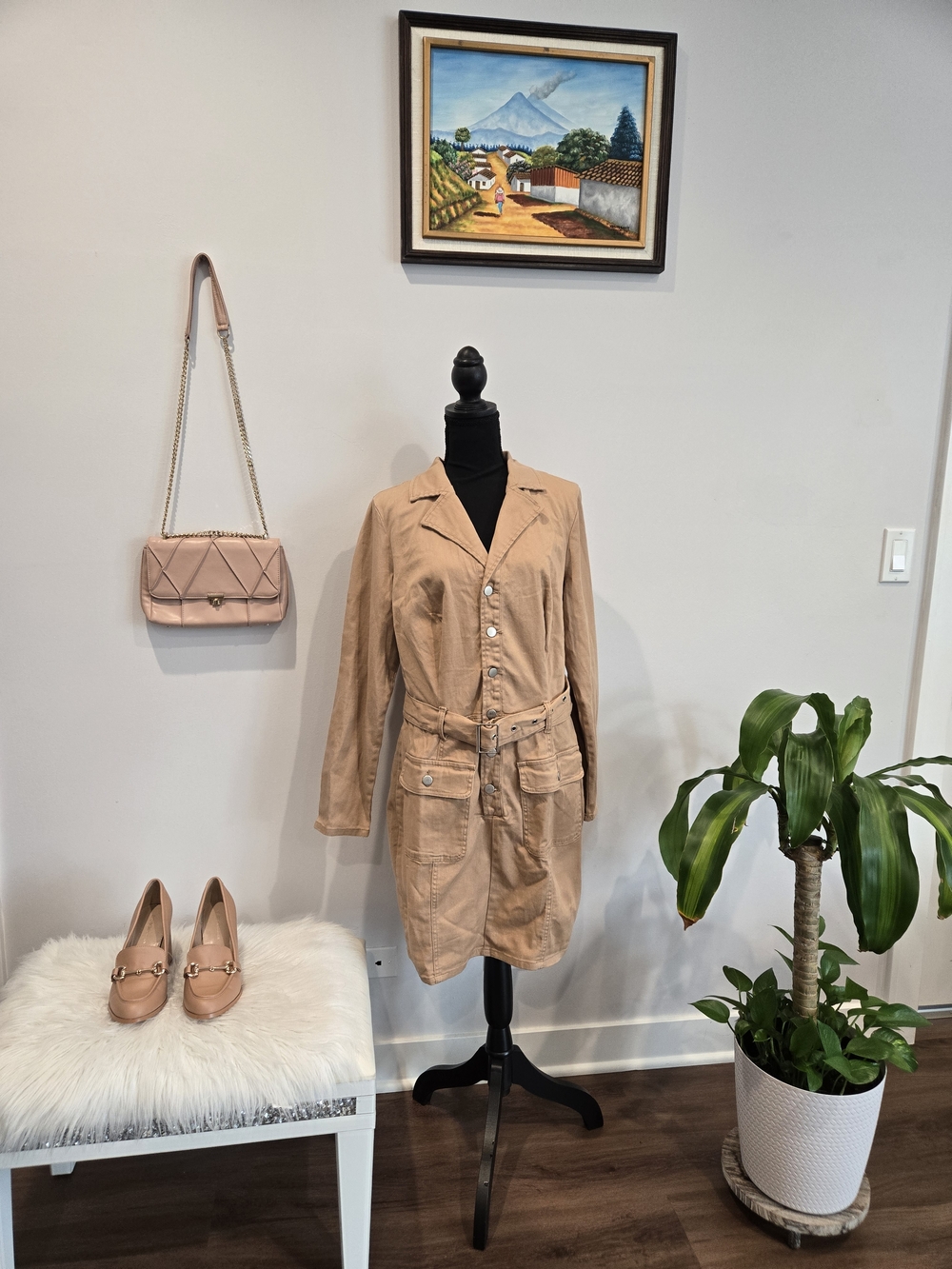 Fashion Nova Tan Utility Shirt Jacket with Belted Waist
